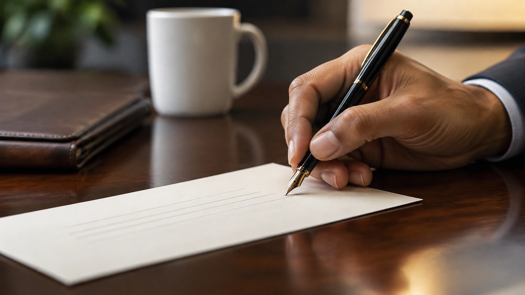 Hand signing a document with a fountain pen at a desk — Making a Charitable Contribution