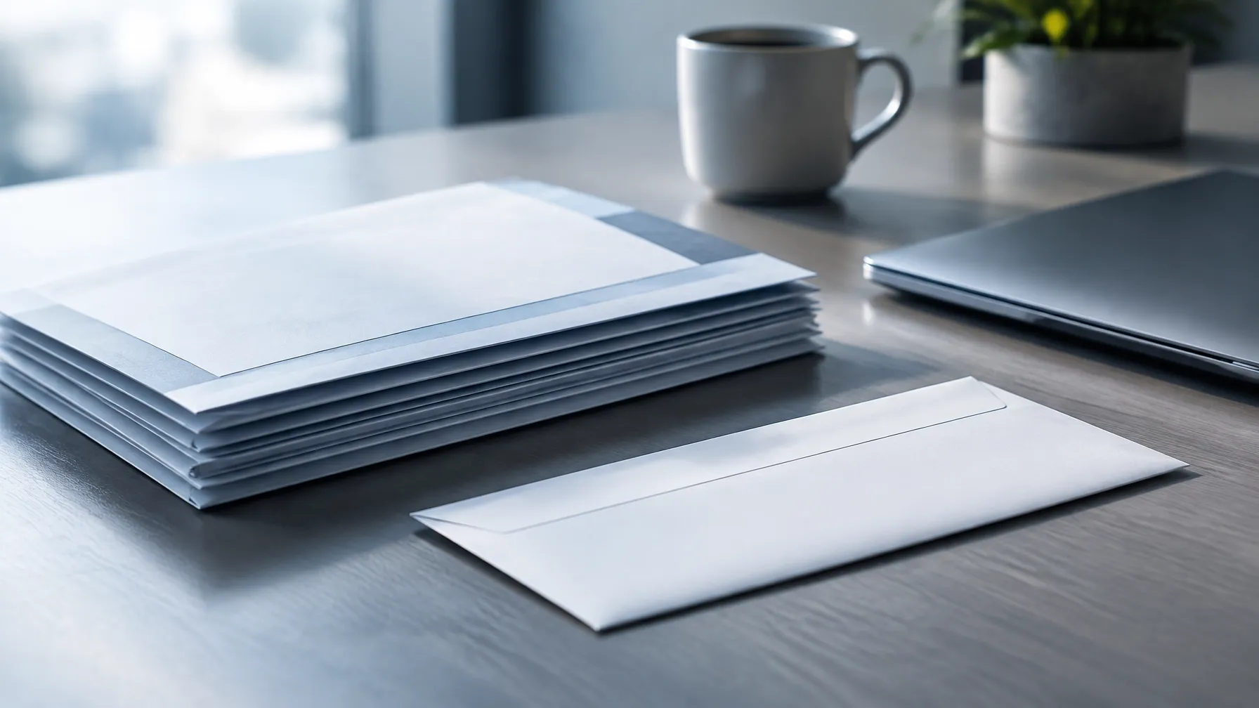 Statements on a desk beside an envelope and a laptop