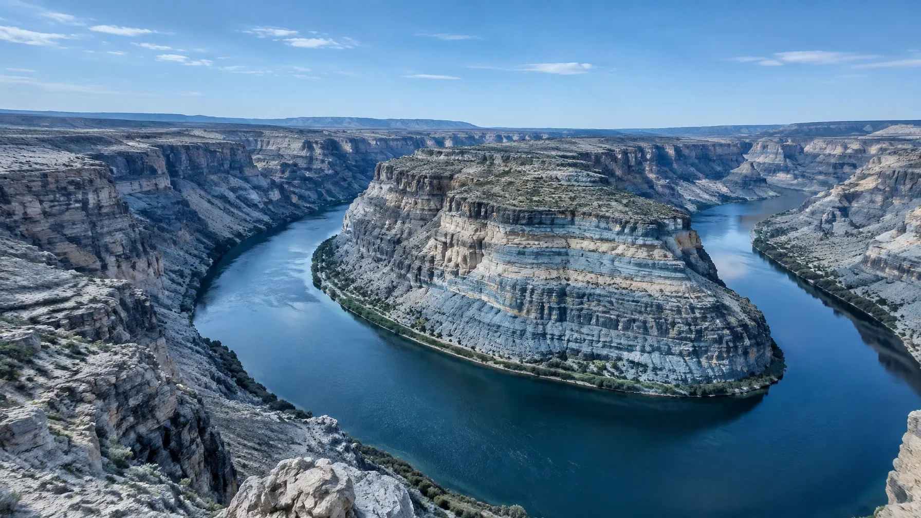 Aerial view of a river bend winding through cool blue-gray canyon cliffs