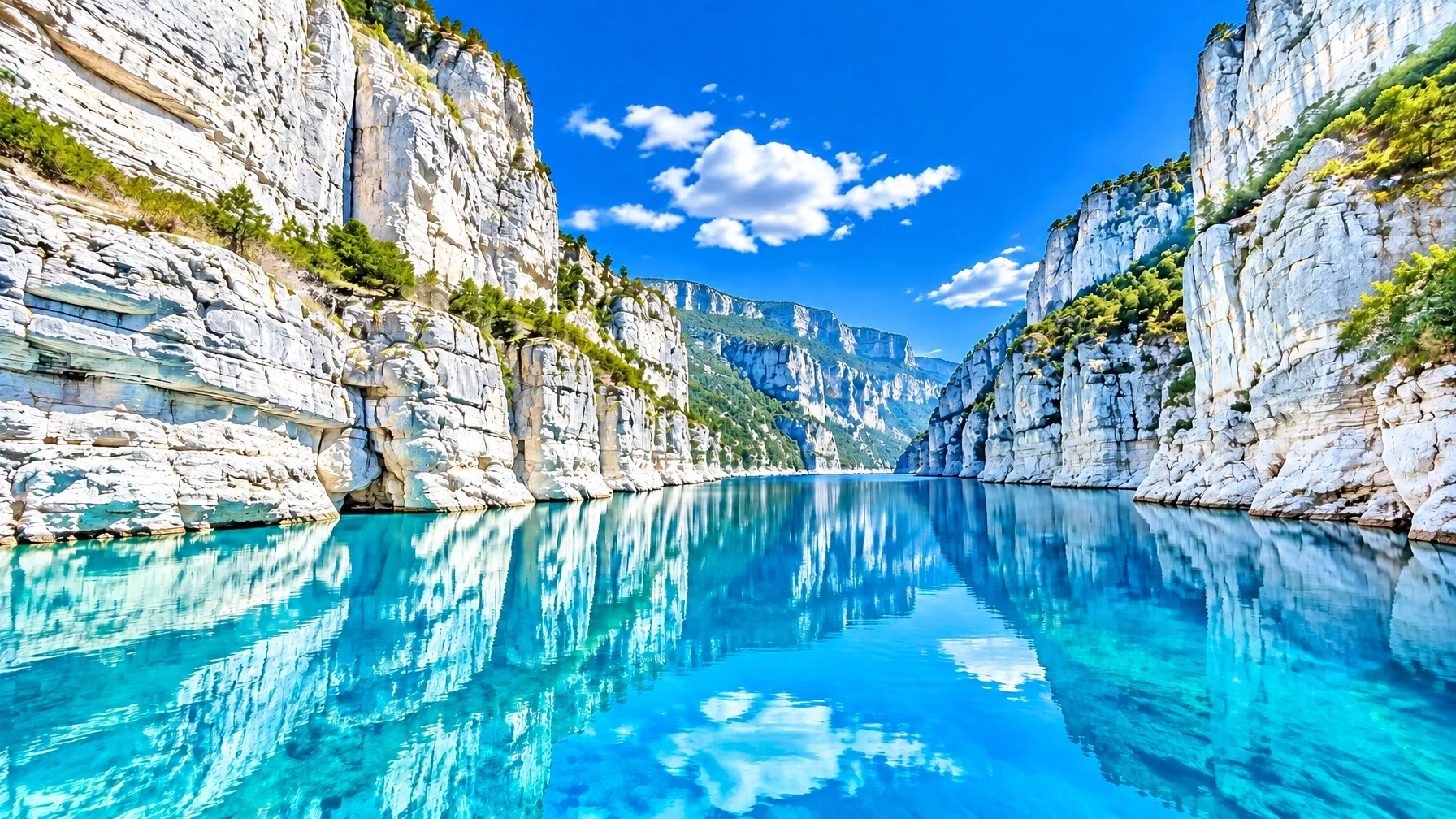 River running between layered canyon walls beneath a bright blue sky